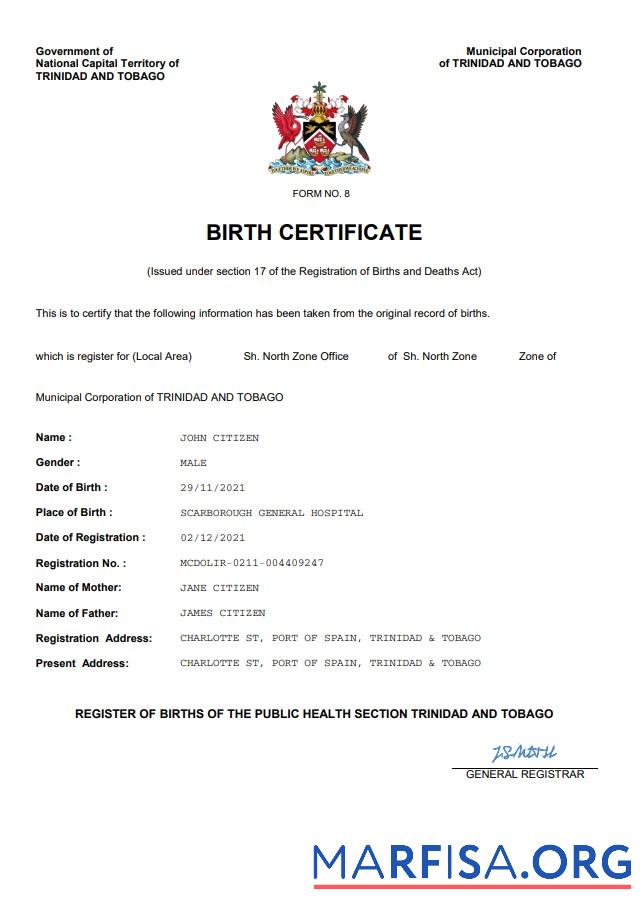 Downloadable Trinidad & Tobago birth certificate Word and PDF template